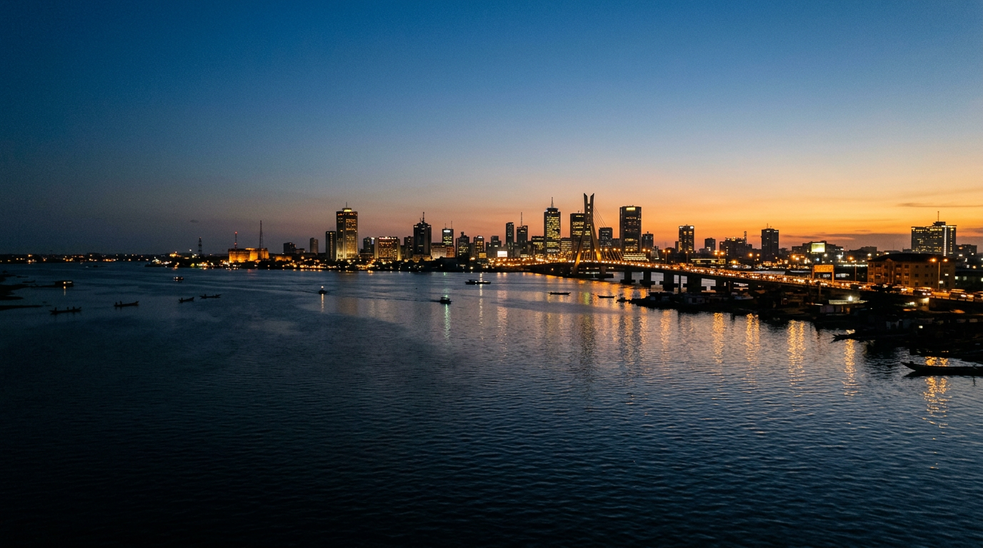 The Lagos skyline at blue hour across the lagoon